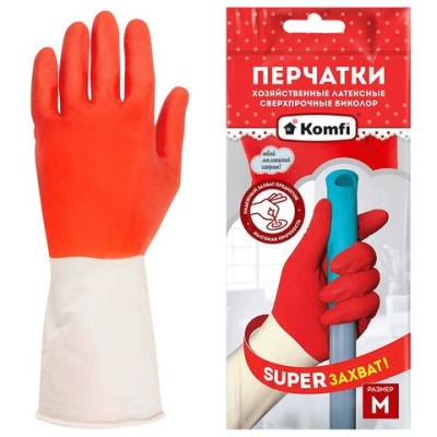 Перчатки латексные БИКОЛОР ПРОЧНЫЕ, бело-красные, размер M, Komfi